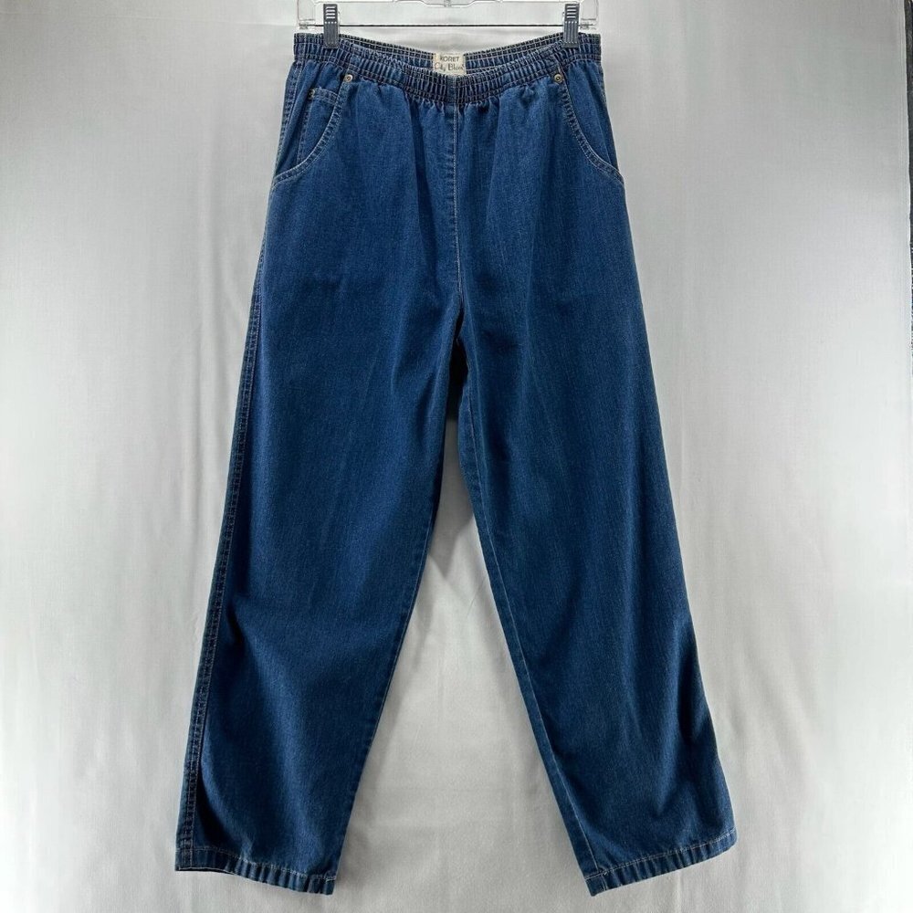 Koret City Blues Pants Womens Sz L Denim High Waist Straight Elastic Waist Blue